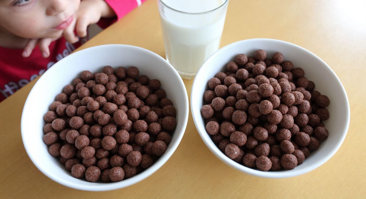 A cheerful Turkish breakfast table with two bowls side by side—one filled with Nesquik's smooth chocolate cereal and the other with Coco Pops' crisp cocoa puffs, a glass of milk nearby, and a child curiously comparing their textures and flavors.
