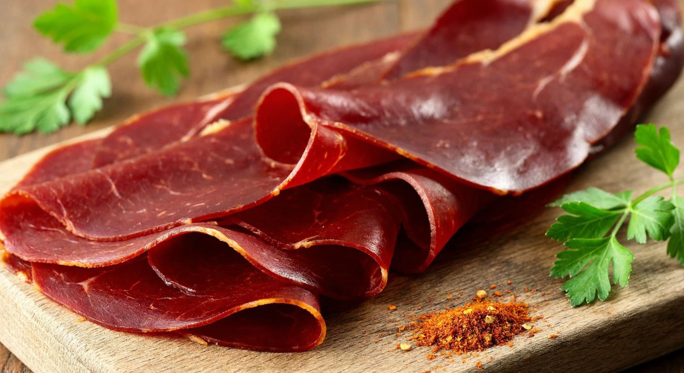A close-up of thinly sliced, deep-red pastırma arranged on a rustic wooden board, with a sprinkle of spices and a few fresh parsley leaves beside it, evoking the traditional Turkish delicacy.