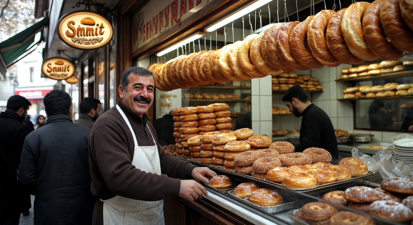 A bustling simit bakery in Mecidiyeköy with warm golden simits stacked high, a proud middle-aged Turkish man with a mustache (Bayram Sevinç) smiling behind the counter, and customers eagerly reaching for the fresh pastries.