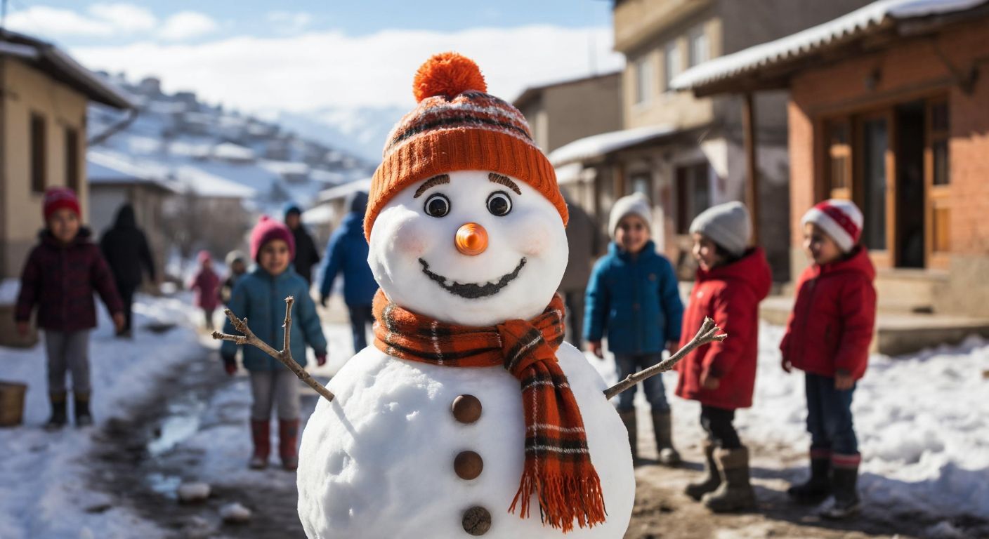 A cheerful snowman with a bright orange carrot for a nose, standing in a snowy Turkish village square with children laughing nearby.