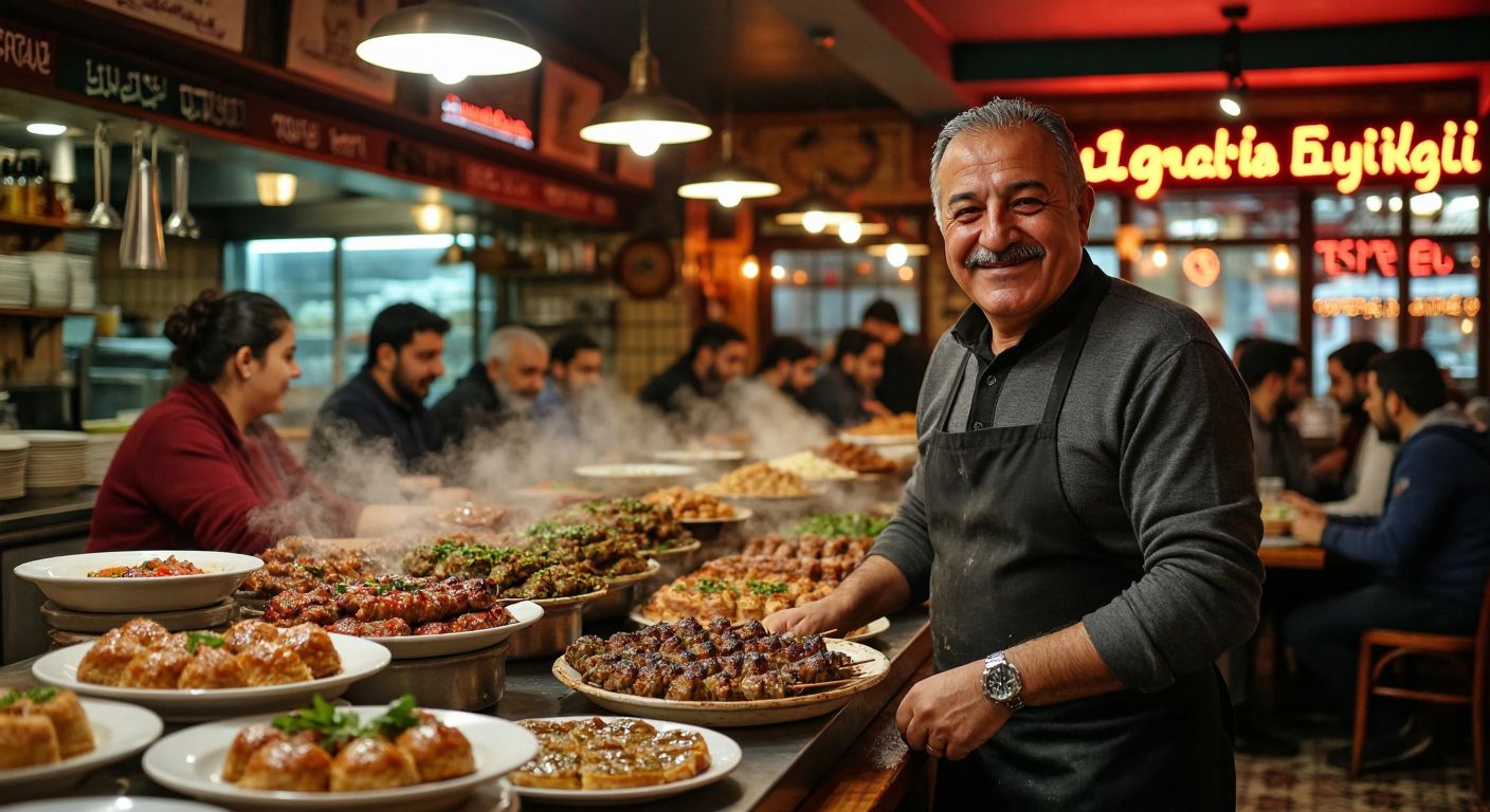 A warm, bustling Turkish restaurant with a middle-aged man, Günay Tuncel, smiling proudly behind a counter filled with steaming plates of kebabs and baklava, surrounded by happy diners.
