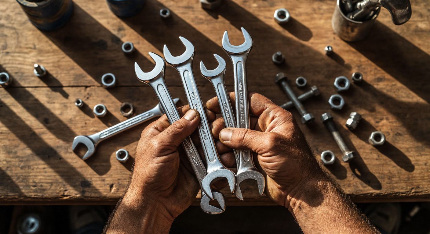 A weathered Turkish mechanic's calloused hands hold a set of polished double-ended wrenches of varying sizes against a backdrop of scattered nuts and bolts on a sunlit wooden workbench.