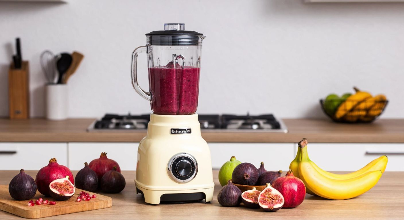 A retro-style cream-colored blender with a stainless steel blade sits on a Turkish kitchen counter, surrounded by fresh fruits like figs, pomegranates, and bananas, ready to blend into a vibrant smoothie.