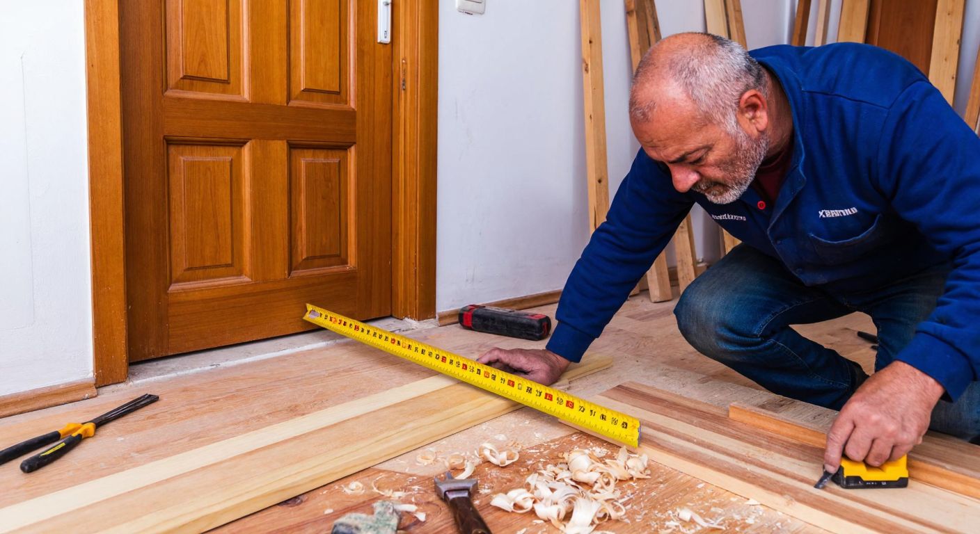 A craftsman in a Turkish home carefully measures a wooden door frame with a tape measure, surrounded by tools and wood shavings, with a partially installed interior door in the background.