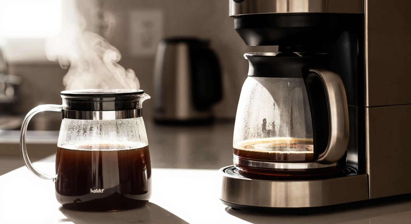 A close-up of a glass coffee pot with a sleek metal handle, placed beside a modern Fakir filter coffee machine on a sunlit Turkish kitchen counter, with steam rising from freshly brewed coffee.