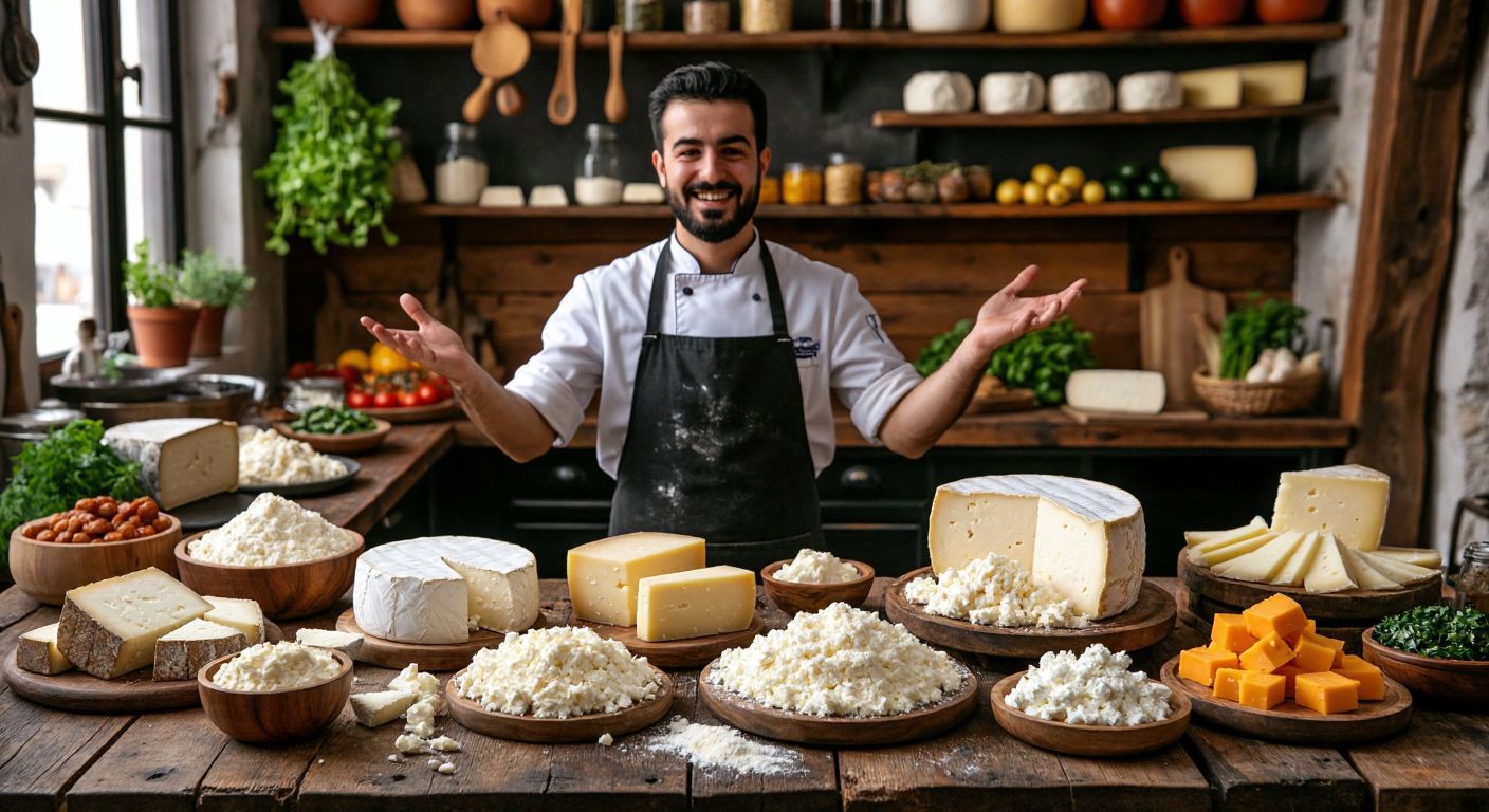 A rustic wooden table in a Turkish kitchen displays a vibrant spread of high-protein cheeses—crumbly Parmesan, aged Kelle, fresh unsalted Lor, creamy Mozzarella, and sharp Cheddar—with a smiling chef in an apron gesturing proudly toward them.