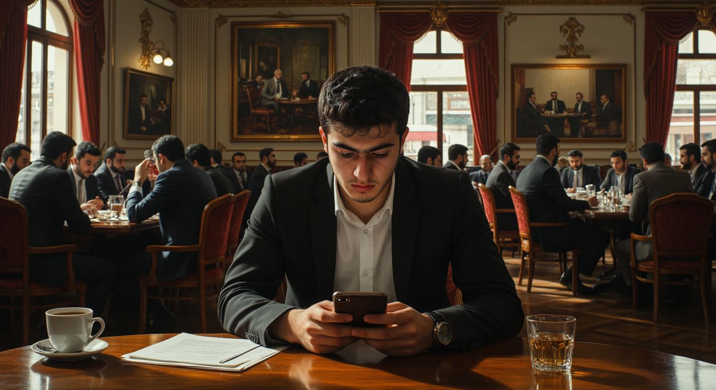 A young Turkish person anxiously scrolling through a smartphone while sitting at a bustling Istanbul café, contrasted with a distant, formal meeting of suited figures in a grand American boardroom.