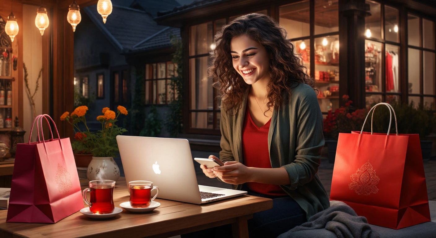 A cheerful shopper in a cozy Turkish home excitedly browsing a laptop screen filled with colorful product images, surrounded by shopping bags and a steaming cup of Turkish tea.