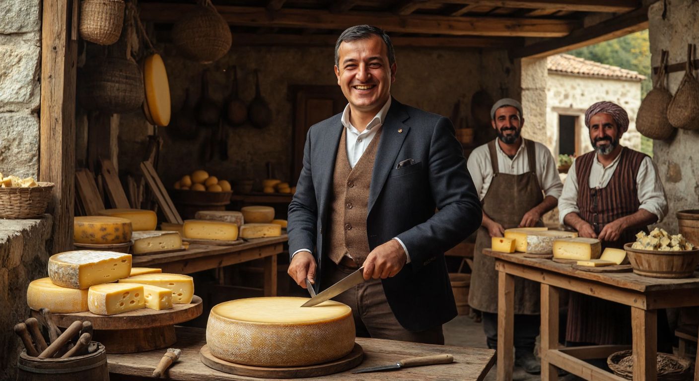 A smiling Özgür Özel in a rustic village setting, wearing a suit and holding a knife over a large wheel of golden Kars gravyer cheese, surrounded by local producers in traditional clothing and wooden cheese-making tools.