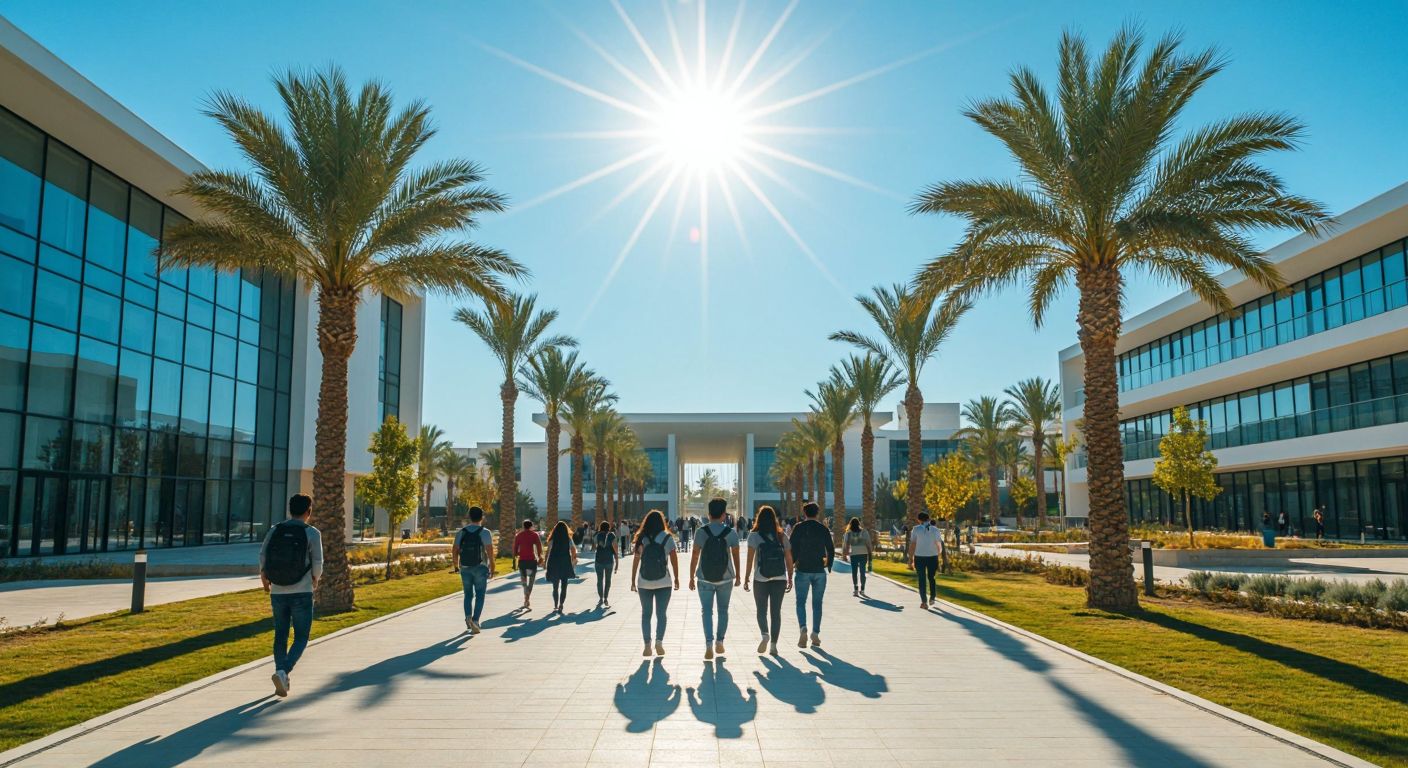 A modern university campus in Northern Cyprus with Turkish Cypriot students walking under a bright sun, surrounded by palm trees and government-funded buildings.