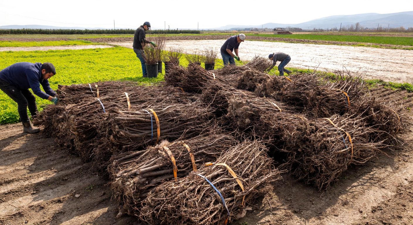A pile of bare-root saplings with exposed roots lying on damp soil in a Turkish nursery, surrounded by workers carefully bundling them for transport under the warm sun.