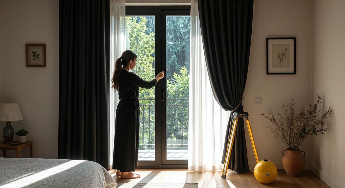 A Turkish woman in a sunlit bedroom carefully adjusts a thick, dark-colored blackout curtain over a window, ensuring no light seeps through, while a measuring tape and curtain rod lie nearby on a wooden floor.