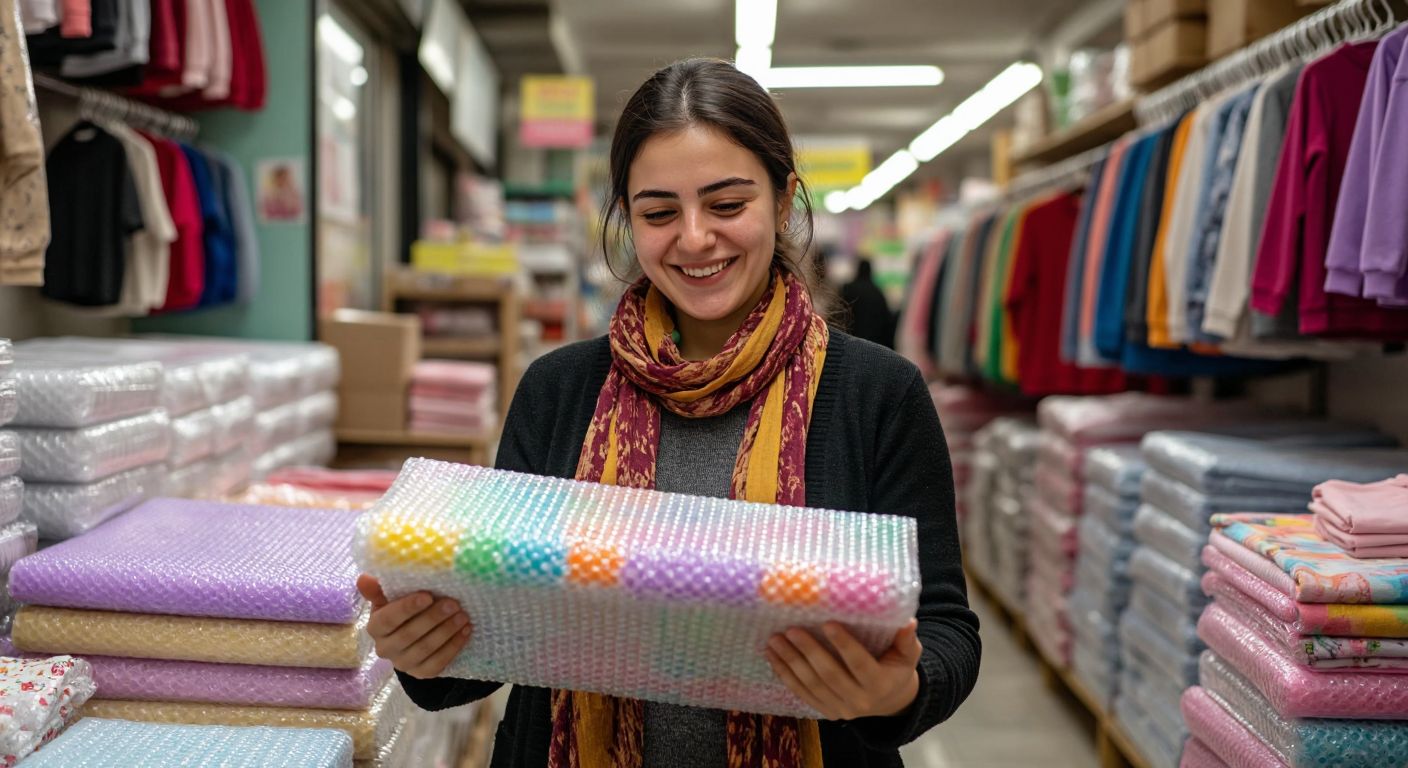 A cheerful Turkish woman in a marketplace holding a colorful bubble wrap sheet, smiling as she inspects it, with stacks of packaging materials and children's clothing in the background.