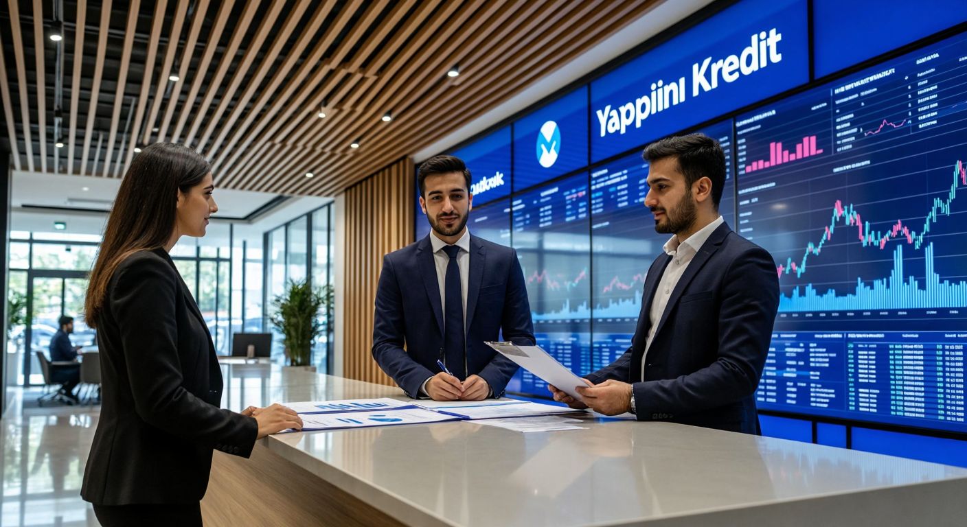 A modern Turkish bank branch with Yapı Kredi’s logo subtly integrated into the architecture, featuring a well-dressed banker assisting a client with investment documents against a backdrop of financial charts.