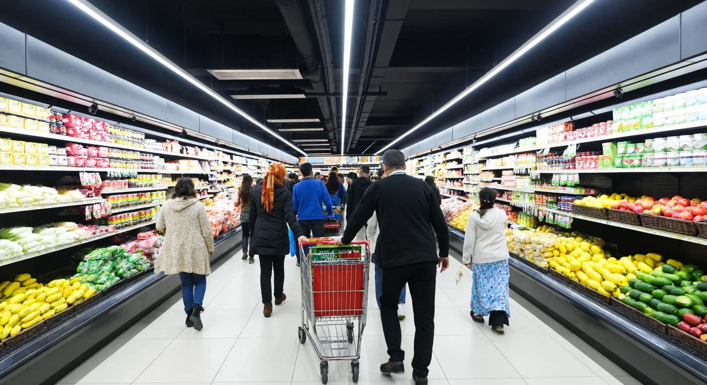 A bustling supermarket aisle in Trabzon, filled with colorful local produce, shelves stocked with Turkish brands, and shoppers in casual attire pushing carts under bright fluorescent lights.