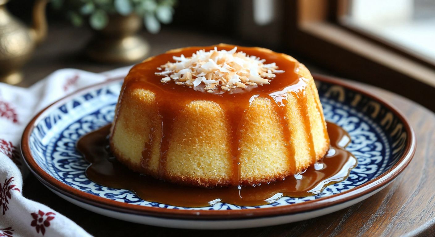 A golden-brown, fluffy sponge cake soaked in creamy milk syrup, drizzled with glossy caramel sauce, resting on a traditional Turkish ceramic plate, with a dusting of coconut flakes on top.