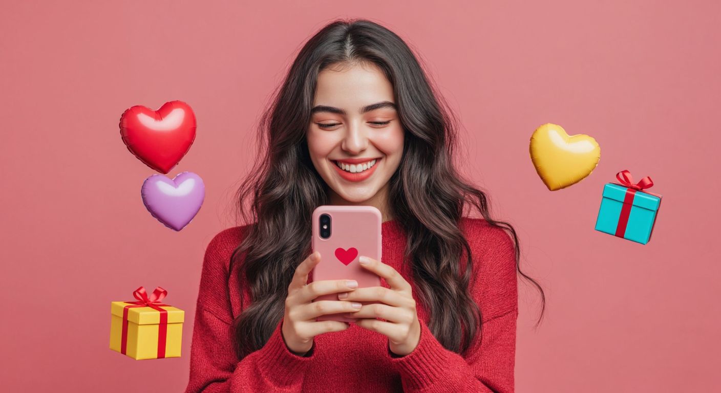 A young Turkish woman with a bright smile holds her phone, her fingers poised over the screen as she taps to like a colorful Instagram post, surrounded by floating heart icons and a small gift box symbolizing the giveaway.