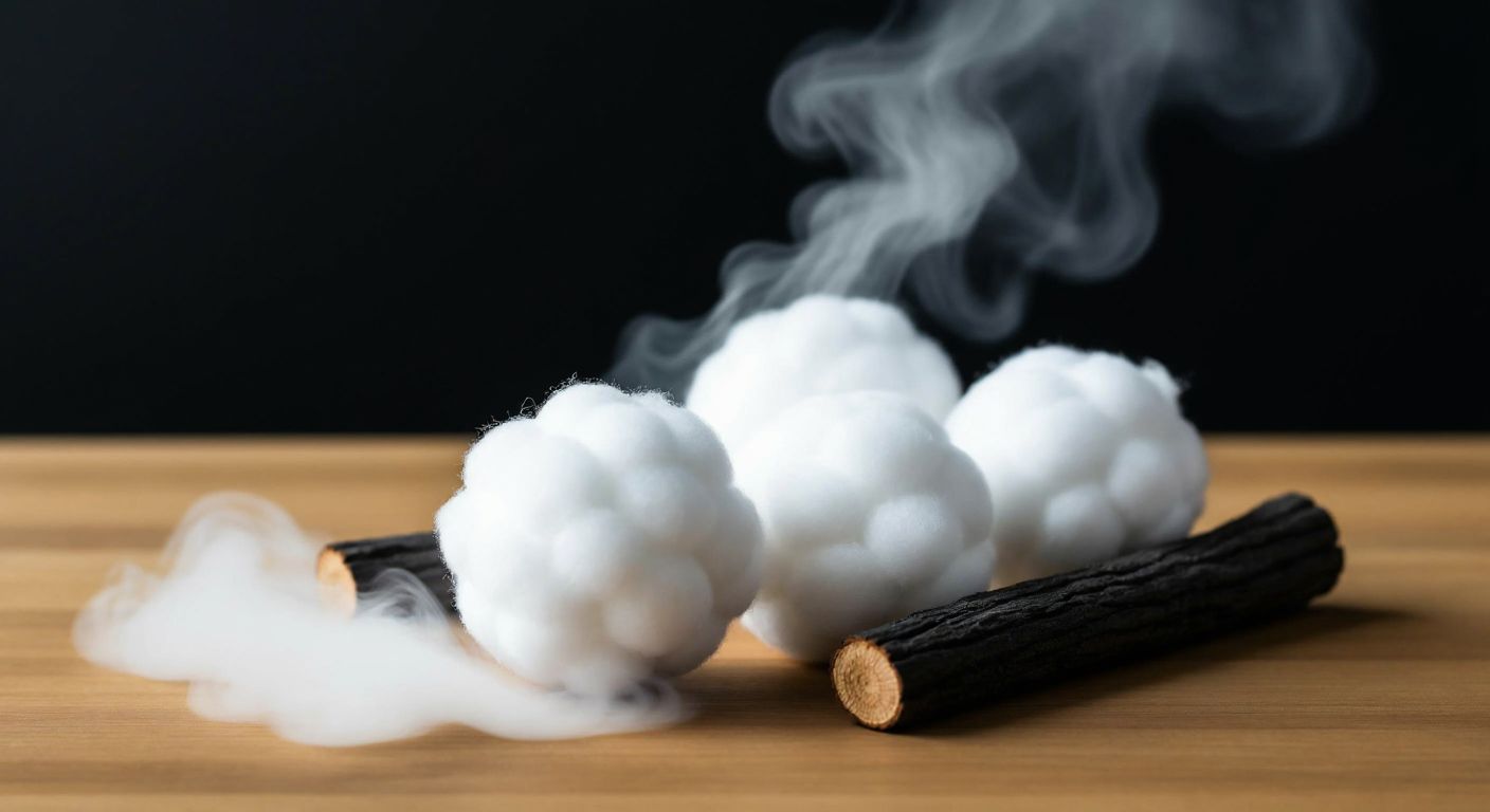 A close-up of pristine white cotton balls resting on a wooden table, with a faint wisp of smoke rising from a single charred piece nearby, evoking a neutral scent with a hint of burnt wood.