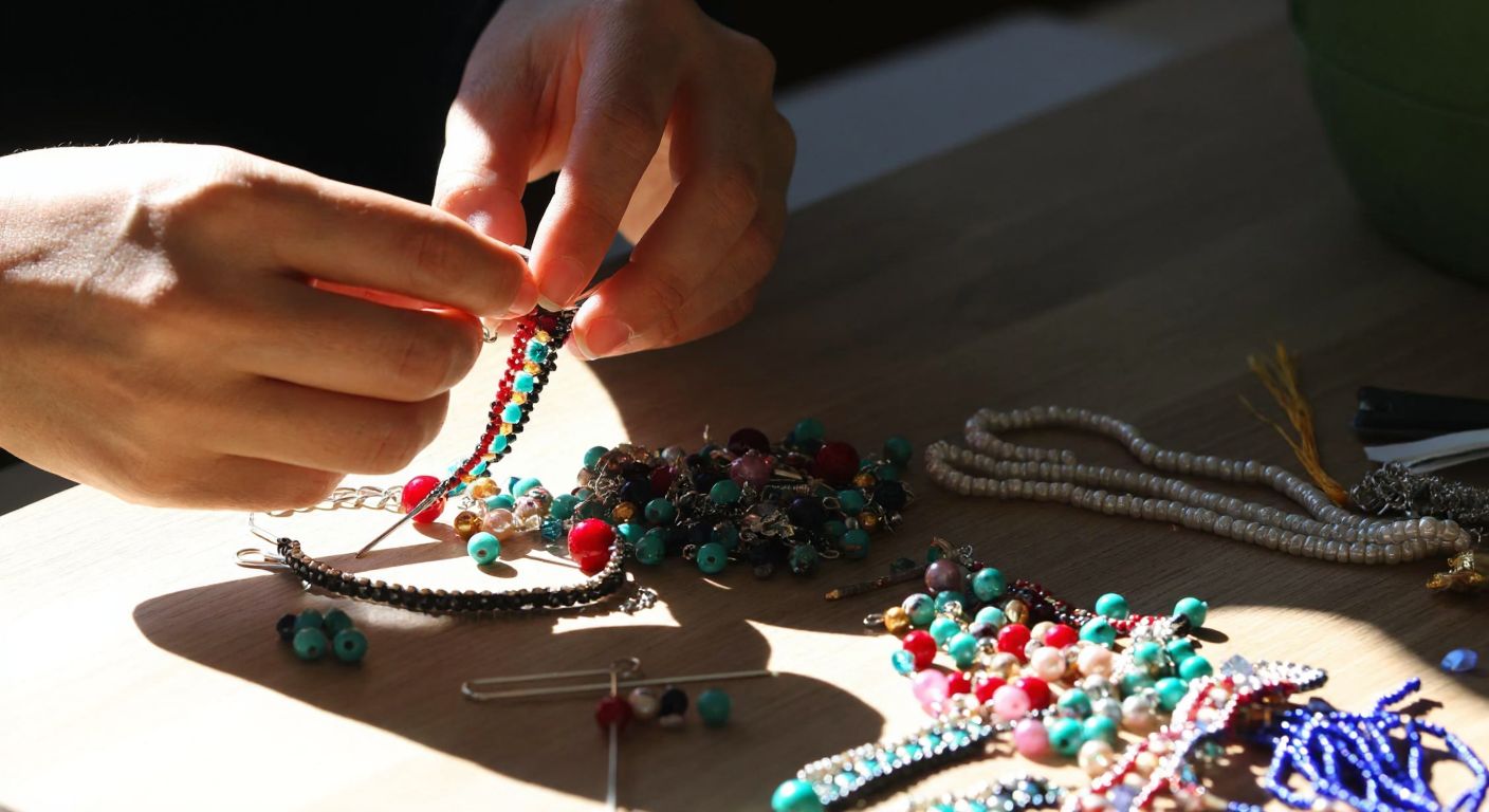 A close-up of a woman’s hands crafting a delicate beaded bracelet using a small silver safety pin, surrounded by colorful beads and threads on a wooden table in a sunlit Turkish home.