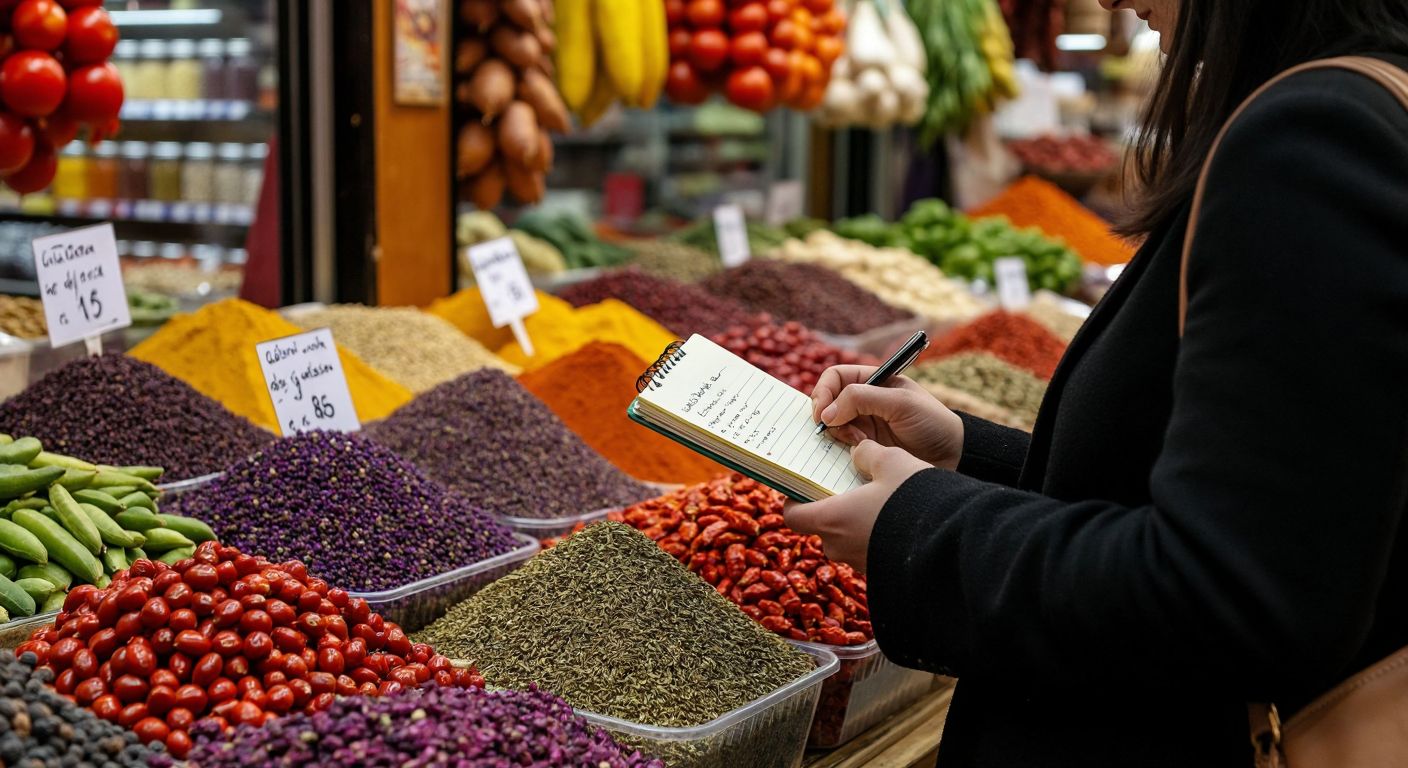 A person in a bustling Turkish market holding a small pocket notebook, jotting down a shopping list while surrounded by colorful fresh produce and spices.