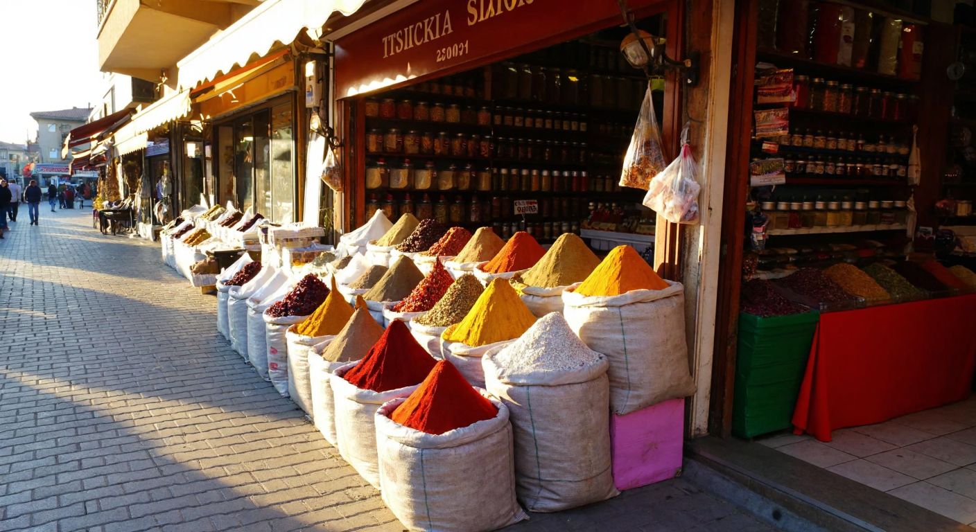 A vibrant spice shop with sacks of colorful spices stacked outside, nestled in a bustling Turkish market street in Tavşanlı, Kütahya, with a warm golden glow from the afternoon sun.