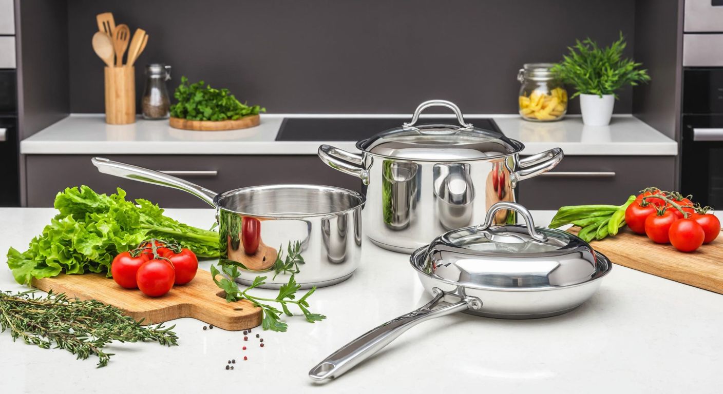 A gleaming stainless steel cookware set with a pot, pan, and colander sits on a modern kitchen counter in Turkey, surrounded by fresh vegetables and herbs, evoking a sense of high-quality cooking.
