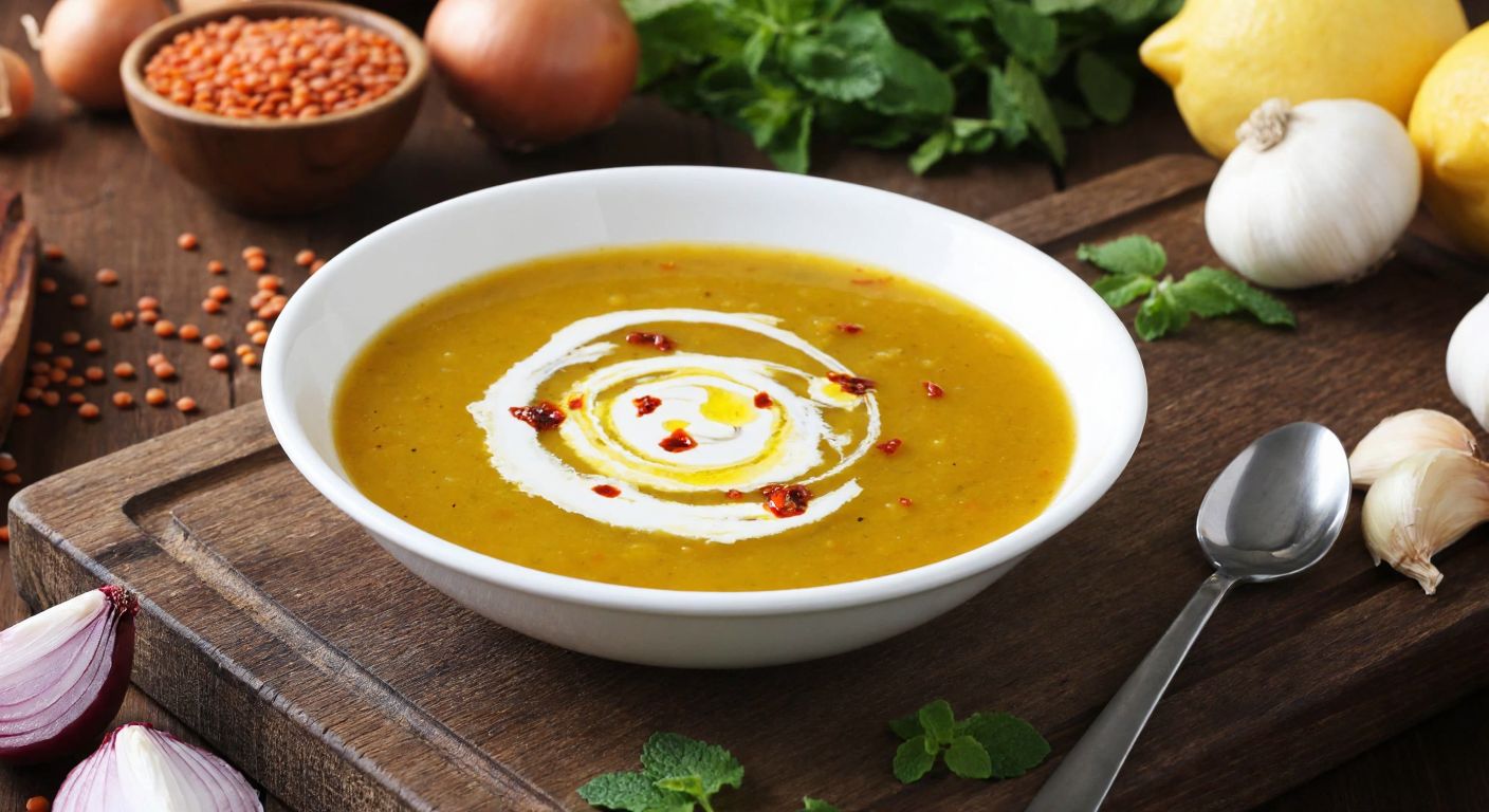 A warm, golden bowl of Çeşmi Nigar soup, garnished with a swirl of melted butter infused with red pepper and dried mint, sits on a rustic wooden table surrounded by fresh ingredients like lentils, onions, and lemons.