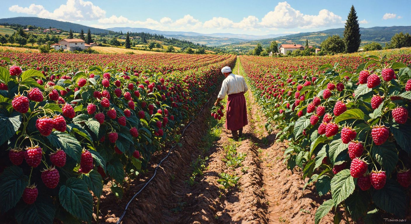 A sunlit Turkish countryside field with rows of lush raspberry bushes bearing plump red and pink Heritage, Tulameen, Willamette, and Polka varieties, while a farmer in traditional attire carefully inspects the ripe fruit.