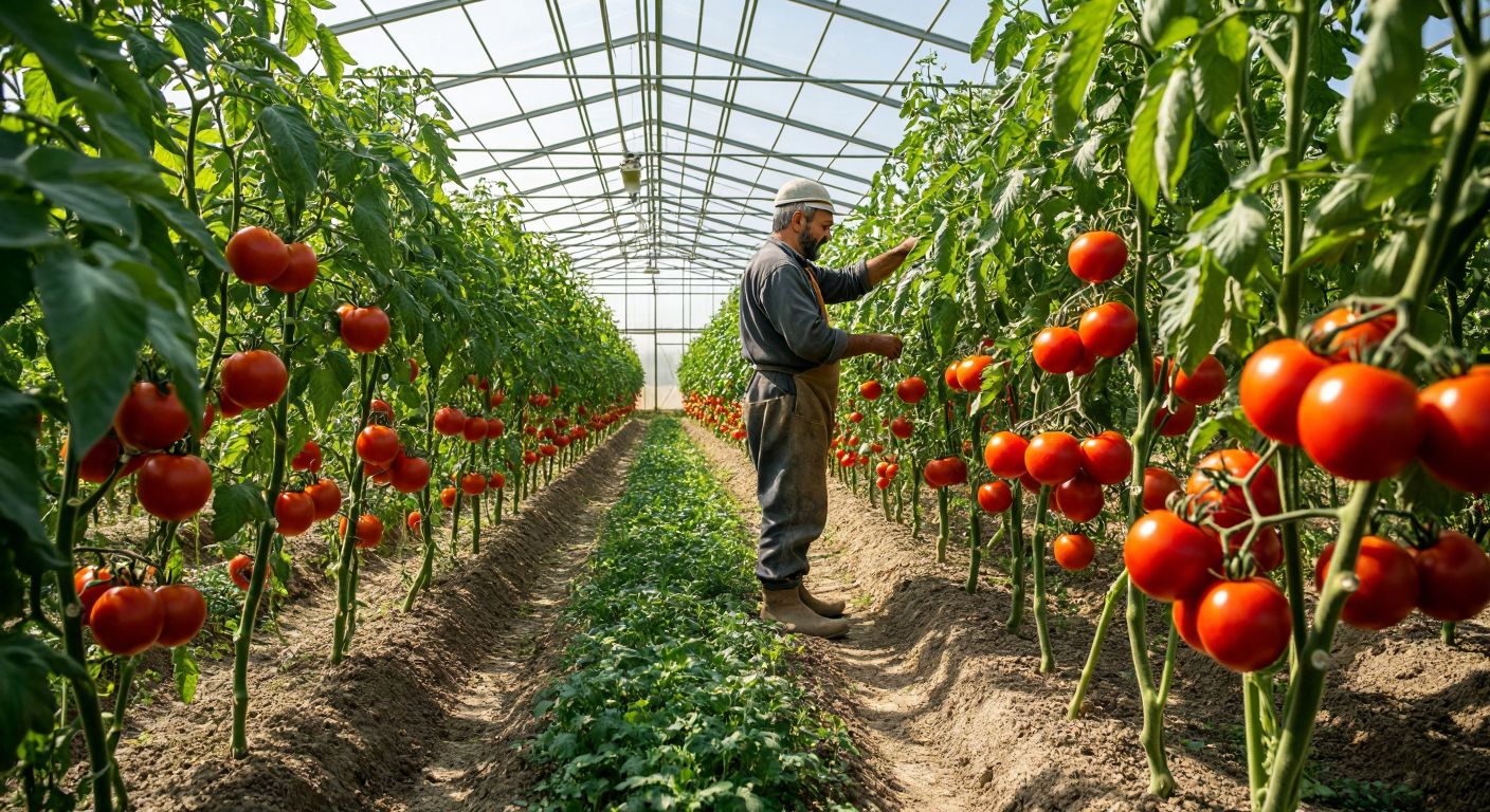 A sunlit Turkish greenhouse with vibrant red, plump **Külçe domates** tomatoes growing on healthy green vines, tended by a farmer in traditional workwear.