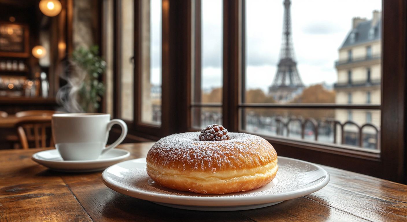 A golden, powdered sugar-dusted beignet on a rustic wooden table in a cozy French café, with a steaming cup of coffee nearby and a glimpse of the Eiffel Tower through the window.