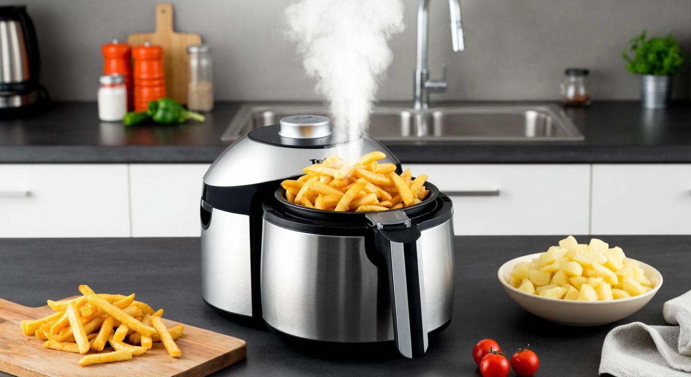 A modern kitchen counter in Turkey with a Tefal Actifry machine filled with golden, crispy french fries, steam rising gently, and a bowl of freshly chopped potatoes nearby.