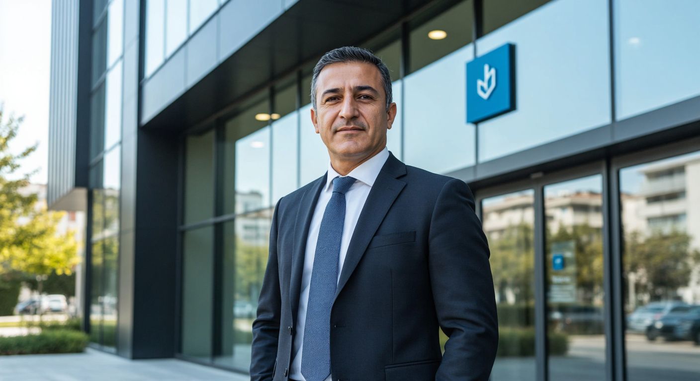 A confident middle-aged Turkish man in a business suit stands proudly in front of a modern office building with the company logo subtly displayed on the glass entrance.