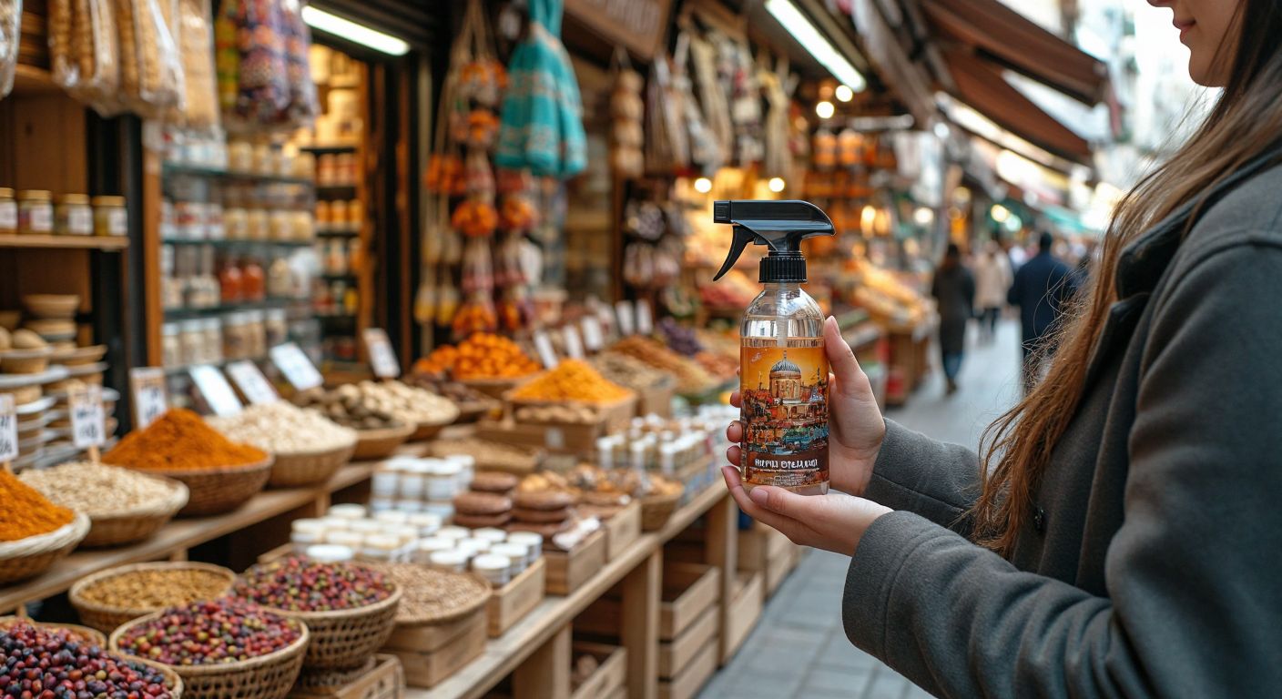 A hand holding a sleek 500 ml AT 44 spray bottle against a backdrop of a Turkish bazaar, with a curious shopper examining similar products on a wooden stall.
