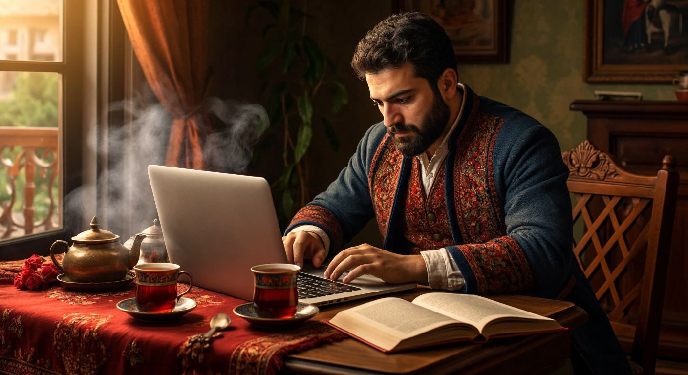 A Turkish man in a cozy home setting, intently browsing a laptop with a steaming cup of çay beside him, while a traditional Ottoman-style cookbook lies open on the table.