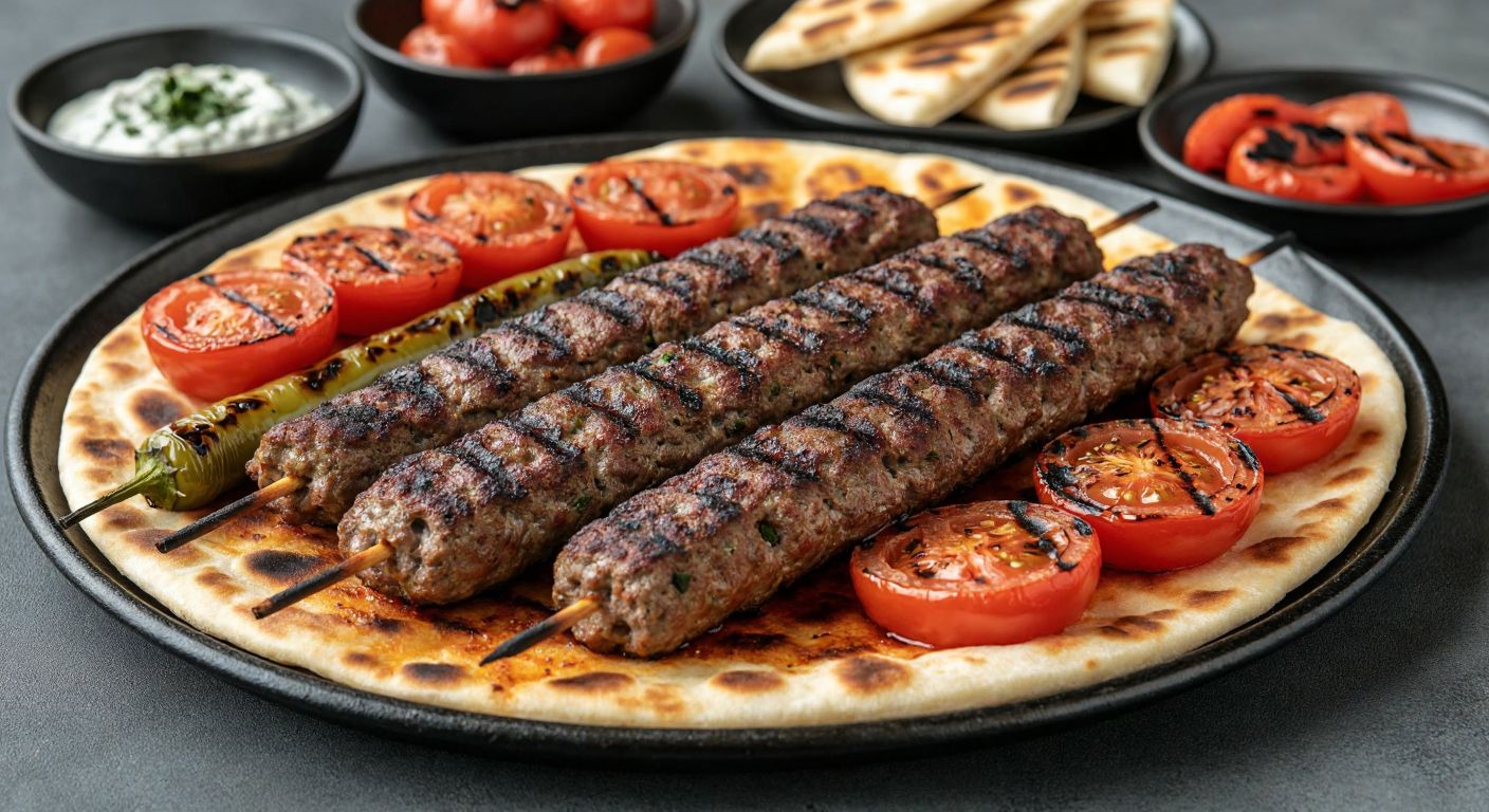 A sizzling plate of spicy Adana kebab, with charred edges and juicy minced meat, served on warm flatbread alongside grilled tomatoes and peppers, evoking the smoky aroma of a bustling Turkish kebab house.
