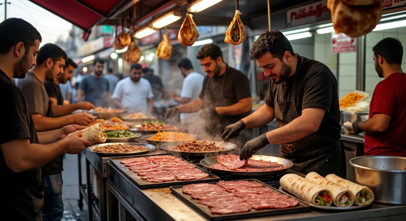 A bustling Mersin street food stall with a cook grilling thinly sliced meat on a hot metal plate, wrapping it in warm lavash, surrounded by eager customers holding fresh tantuni wraps, their faces lit with anticipation and delight.