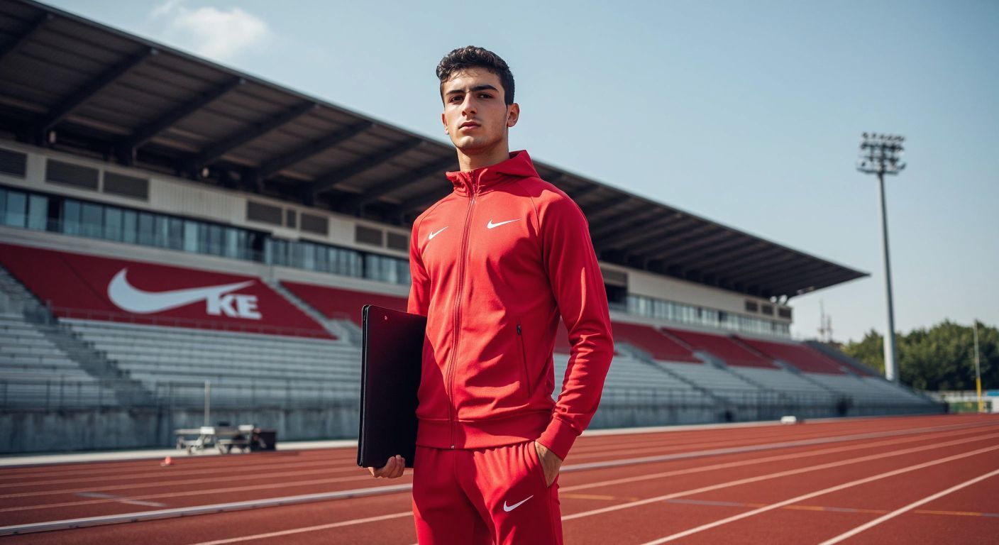 A determined young Turkish athlete in a Nike tracksuit stands confidently on a running track, holding a sleek portfolio while gazing at a distant Nike logo on a stadium wall.
