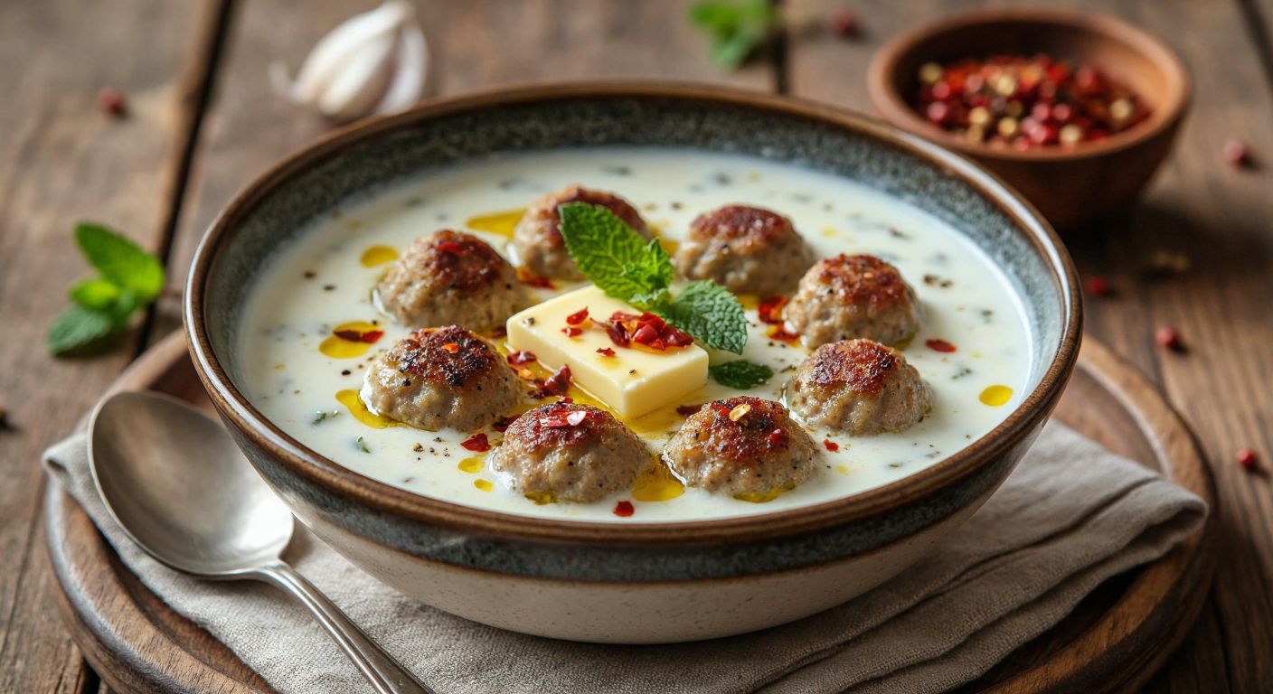 A warm, steaming bowl of creamy yogurt soup with tiny golden-brown meatballs, garnished with melted butter, dried mint, and red pepper flakes, placed on a rustic wooden table in a cozy Turkish kitchen.