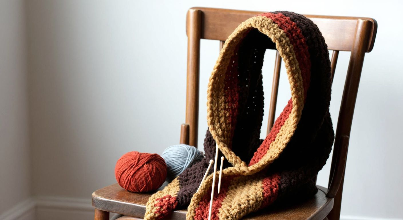 A cozy, chunky hooded scarf in warm earth tones draped over a wooden chair, with knitting needles and soft yarn balls nearby, evoking a handmade, effortless craft vibe.