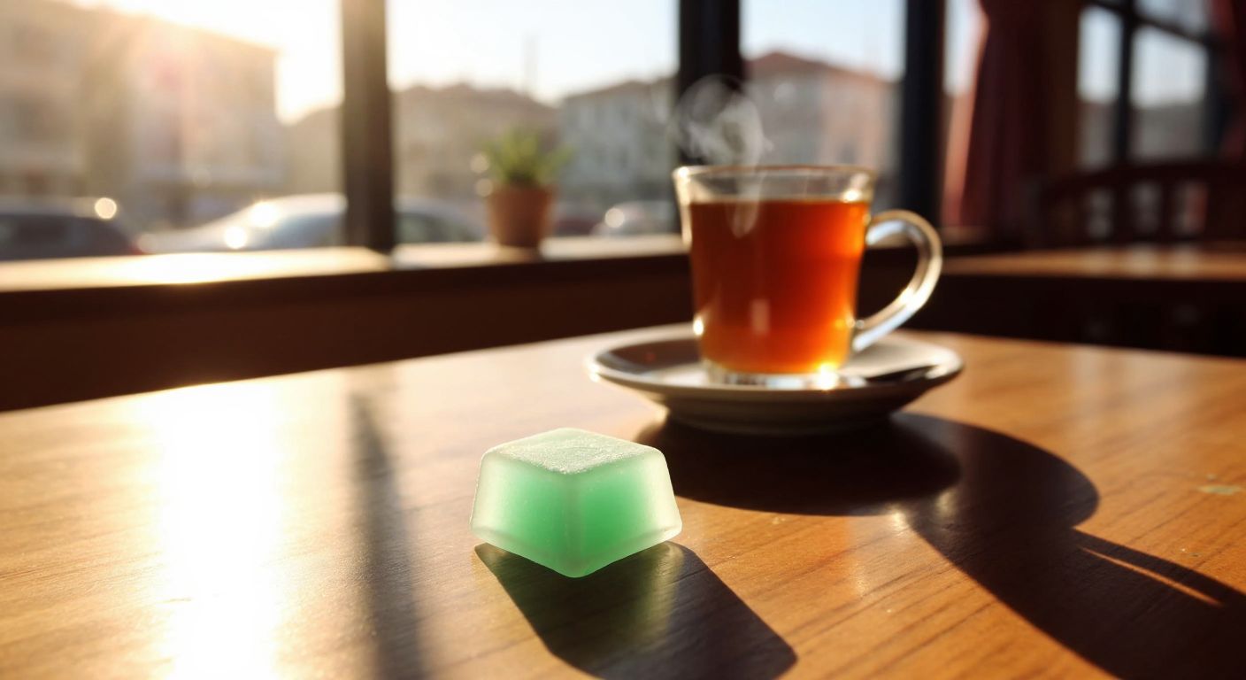 A small, translucent mint candy rests on a wooden table in a sunlit Turkish café, with a steaming cup of çay in the background.