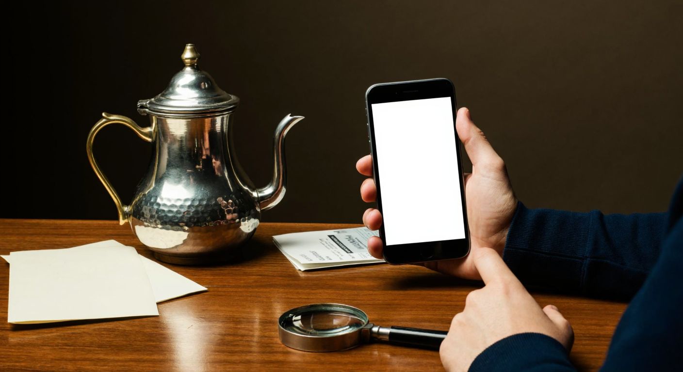 A puzzled person in Turkey holds a smartphone with a blank screen, standing near a traditional çaydanlık (tea kettle) on a wooden table, surrounded by scattered papers and a magnifying glass.