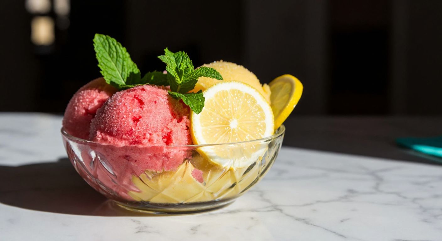 A vibrant glass bowl filled with pastel-colored sorbet, garnished with fresh mint leaves and slices of lemon, resting on a sunlit marble countertop in a Turkish kitchen.