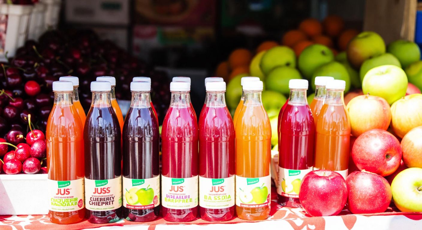 A vibrant display of Juss fruit juice bottles in various flavors—cherry-apple, basil seed, and pure apple—arranged on a sunlit Turkish market stall with fresh fruits nearby.