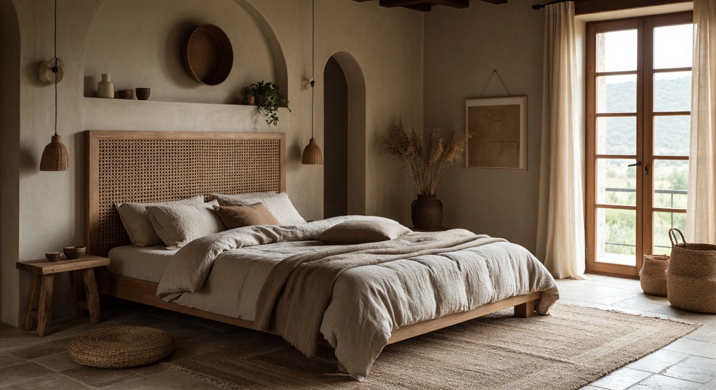 A warm, rustic bedroom in Turkey features a sturdy oak wood bed frame with a handcrafted headboard made of interwoven oak slats, surrounded by soft linen bedding and a cozy wool rug.