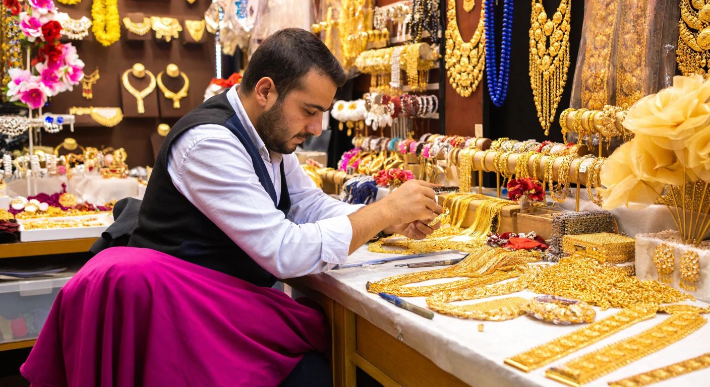 A Turkish artisan carefully crafting a delicate imitation gold necklace in a bustling Istanbul bazaar, surrounded by displays of faux jewelry and silk flowers.