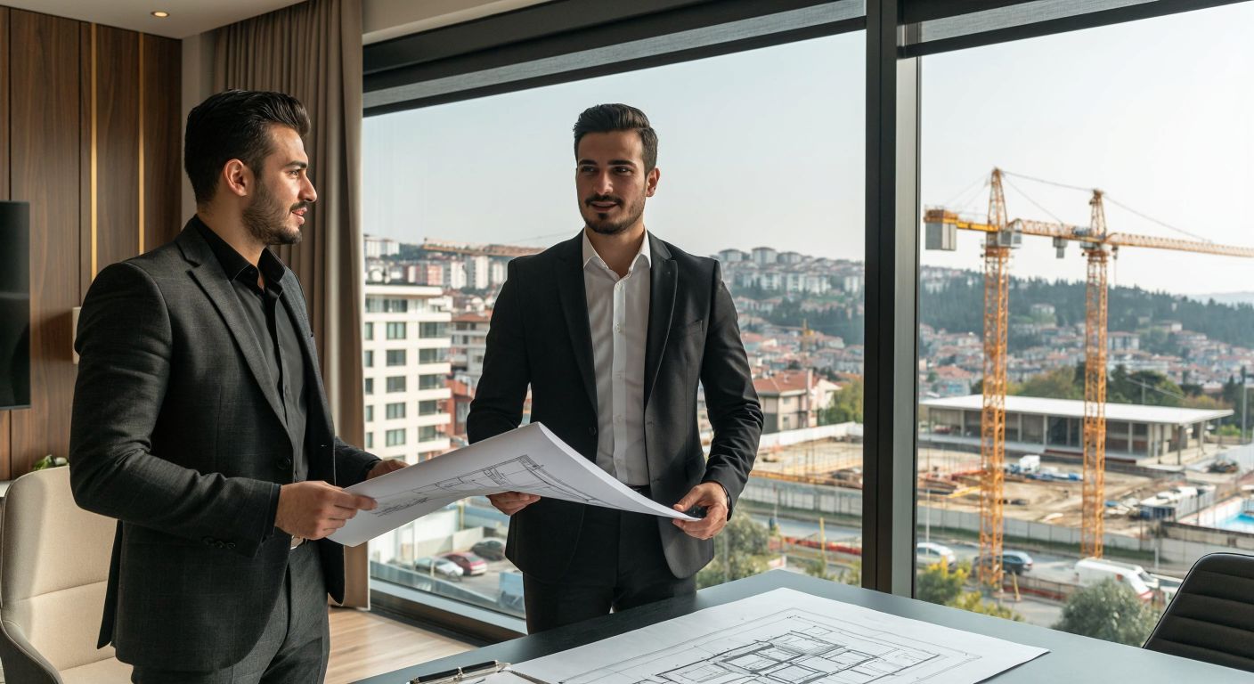A well-dressed Turkish real estate agent in a sleek office in Sarıyer, Istanbul, confidently presenting architectural blueprints to a client, with a cityscape and construction sites visible through the window.