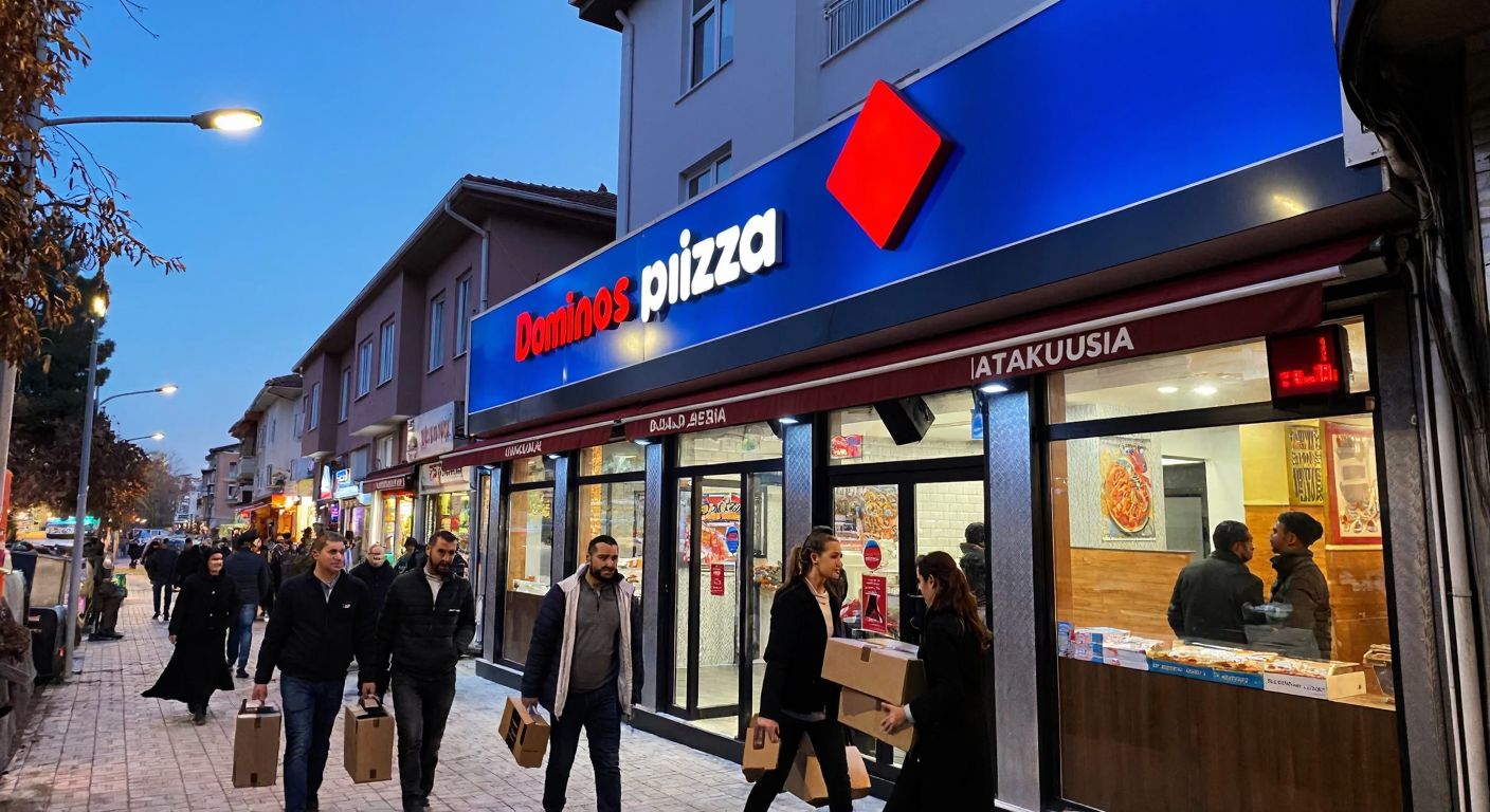 A bustling street in Altındağ, Ankara, with a bright Domino's Pizza storefront nestled among local shops, its red-and-blue logo glowing warmly as people walk by carrying pizza boxes.