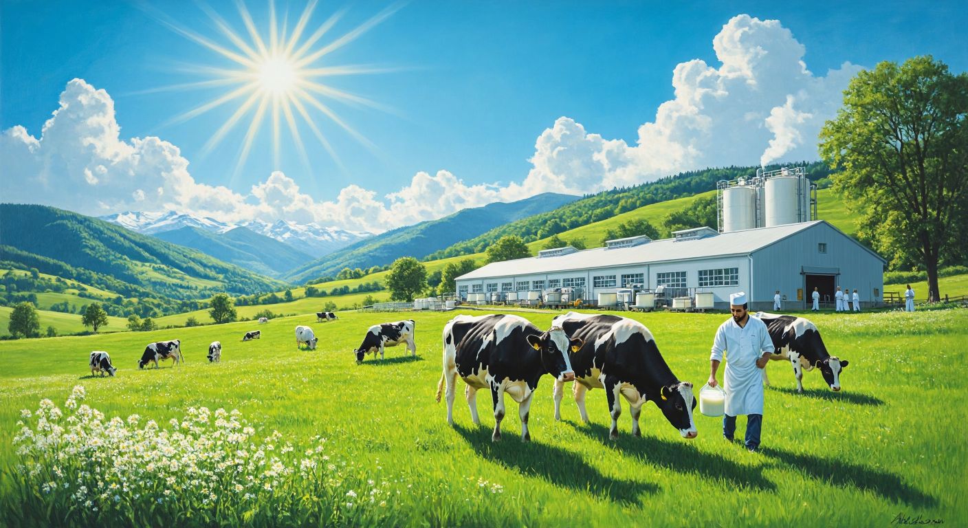 A lush green pasture with grazing cows under a bright sun, beside a modern dairy factory with workers in white uniforms carrying fresh milk, yogurt, and cheese in traditional Turkish packaging.