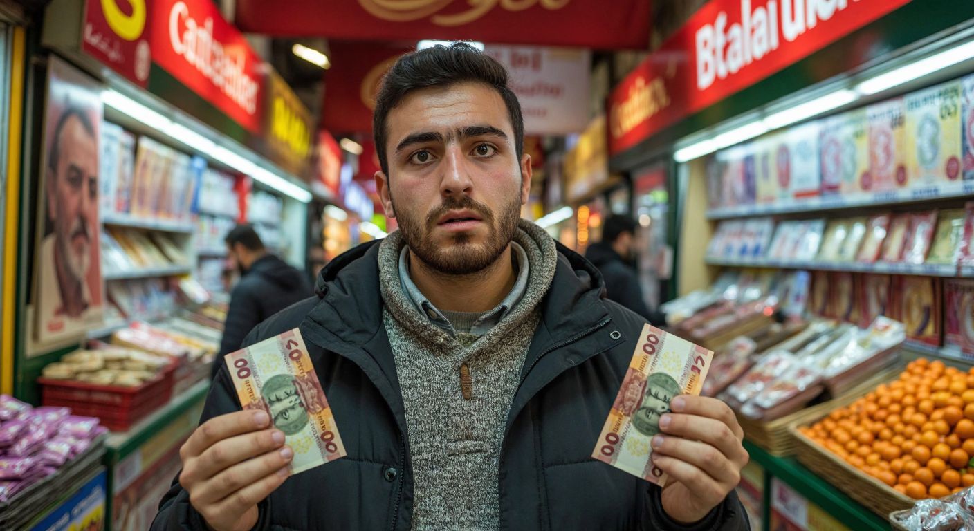 A puzzled Turkish man holding a 40 Euro banknote in one hand and a 42 Turkish Lira banknote in the other, standing in front of a vibrant currency exchange booth in Istanbul’s Grand Bazaar.