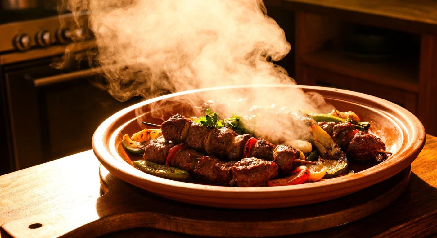 A steaming clay tile dish filled with sizzling kebab meat and vegetables, resting on a rustic wooden table in a cozy Turkish kitchen, with warm golden light casting a homely glow.